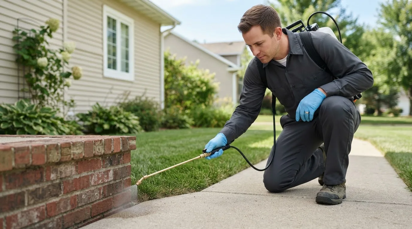 Pest control technician treating a home near Lititz, PA